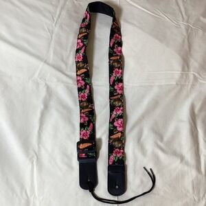 CloudMusic Black/Orange/Pink Floral Guitar Strap, Adjustable, Perfect Condition